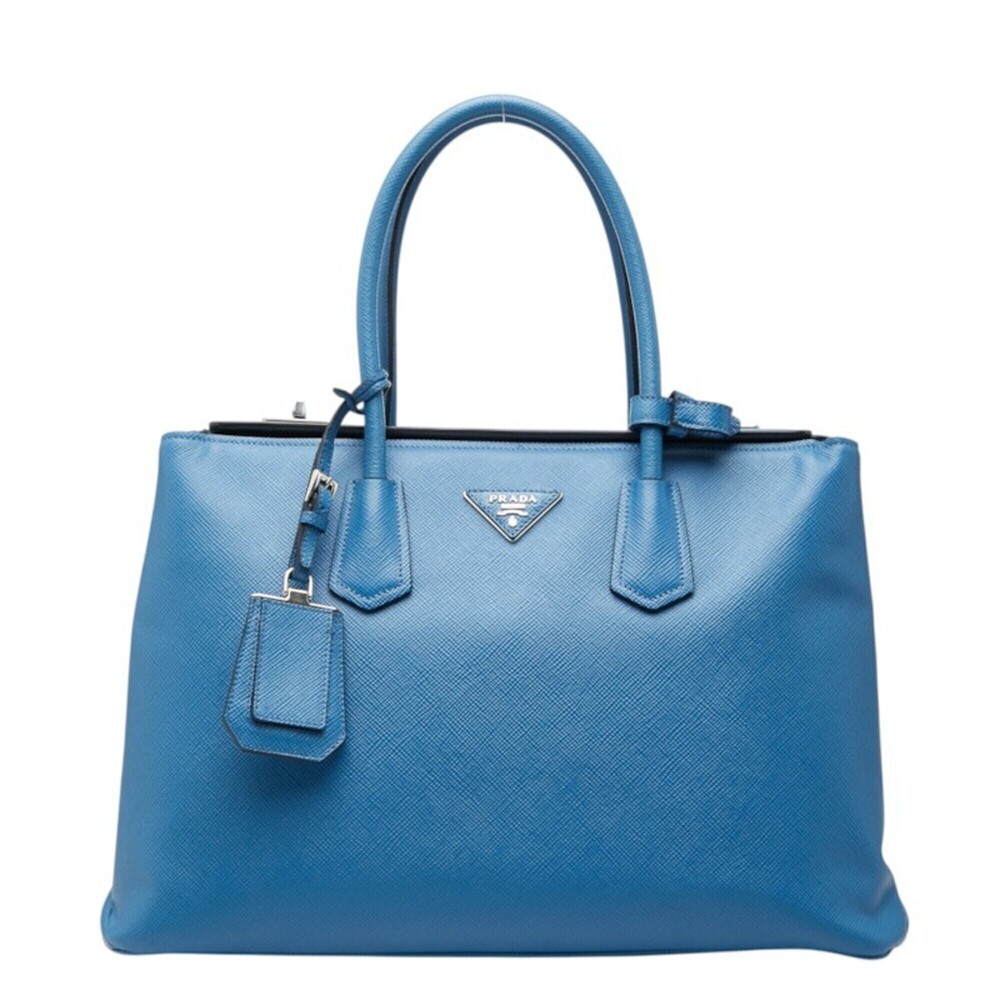 Prada Triangle Logo Plate Handbag Tote Bag Blue Saffiano Leather Women's PRADA